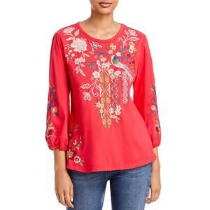 JOHNNY WAS Ellia Puff Sleeve Tee Tangerine Embroidered Cotton Top Blouse XL EUC
